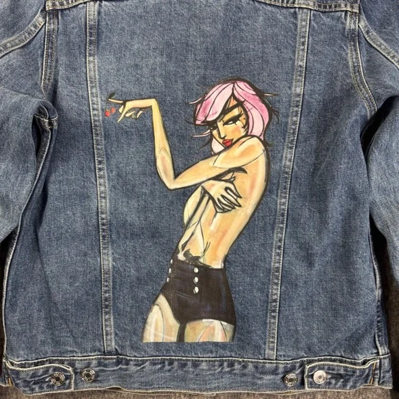 Gap 1969 Denim Jacket, Custom Art, Painted Jean Jacket, Women's, Small, Blue - Picture 7 of 7